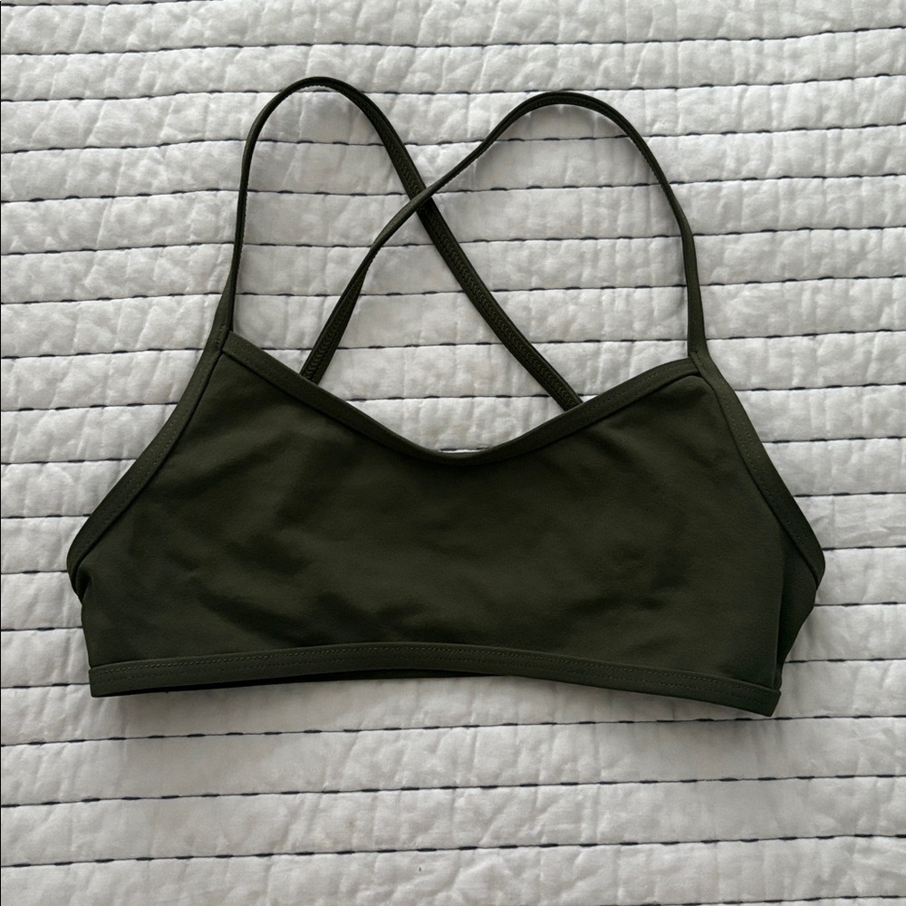 Olive Green Strappy swimsuit top.